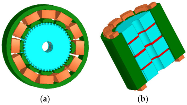 3D model of initial 3P-HSM: (a) 3D model of the 3P-HSM with 12 slots; (b) axial sect